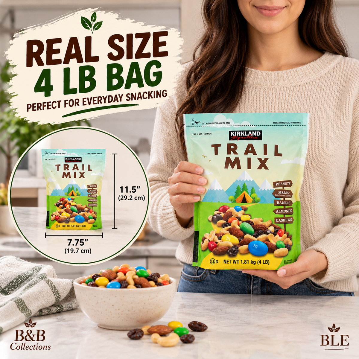 Kirkland Signature Trail Mix, 4 lb (64 oz) – Peanuts, Almonds, Cashews, Raisins & M&M's Milk Chocolate Candies, Sweet & Salty Snack Mix