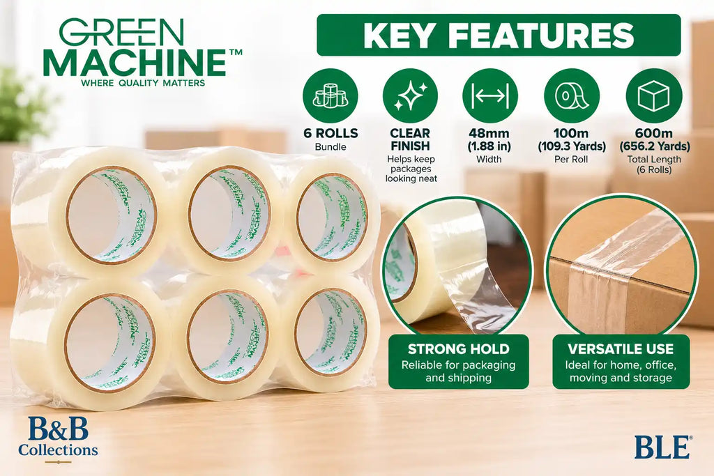 Green Machine C180 Clear Packing Tape, 48mm x 100m (1.88 in x 109.3 Yards), Packaging and Shipping Tape, 6 Rolls