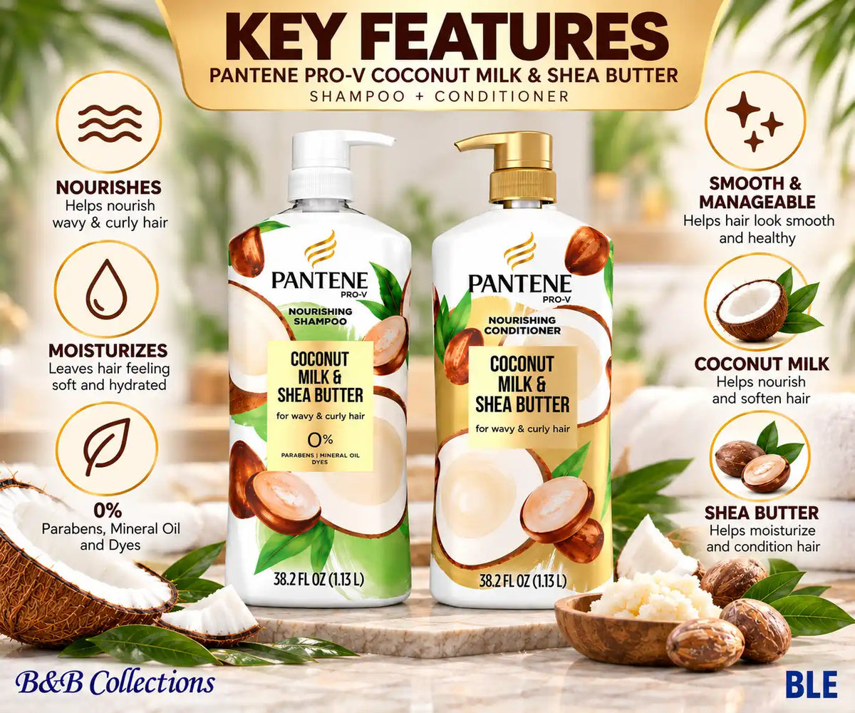 Pantene Pro-V Nourishing Coconut Milk & Shea Butter Shampoo & Conditioner Set, for Wavy & Curly Hair, 38.2 fl oz Each, 2 Pack