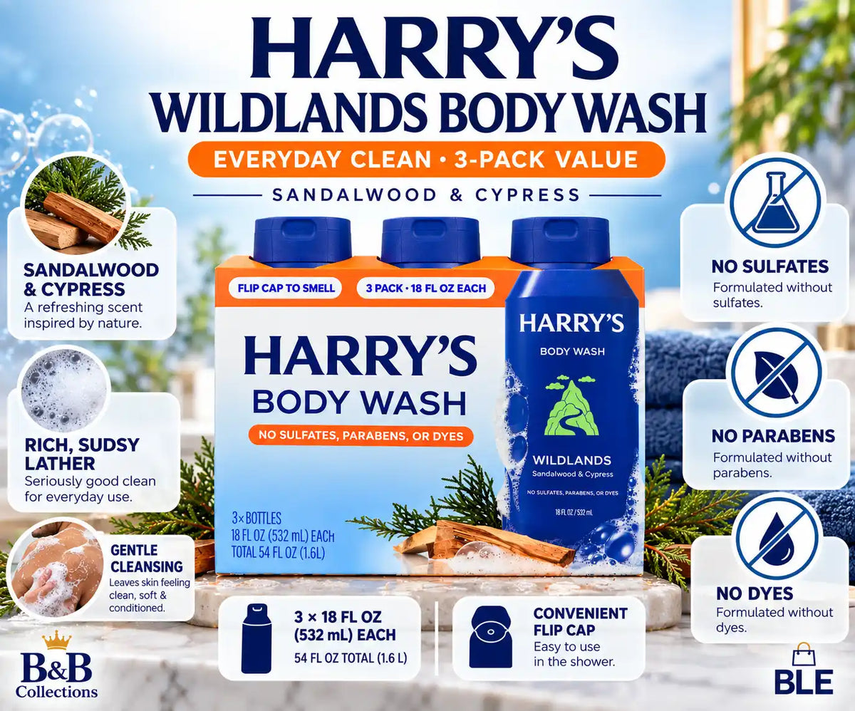 Harry’s Wildlands Body Wash, Sandalwood & Cypress, No Sulfates, Parabens or Dyes, 18 fl oz Each, 3 Pack, 54 fl oz Total