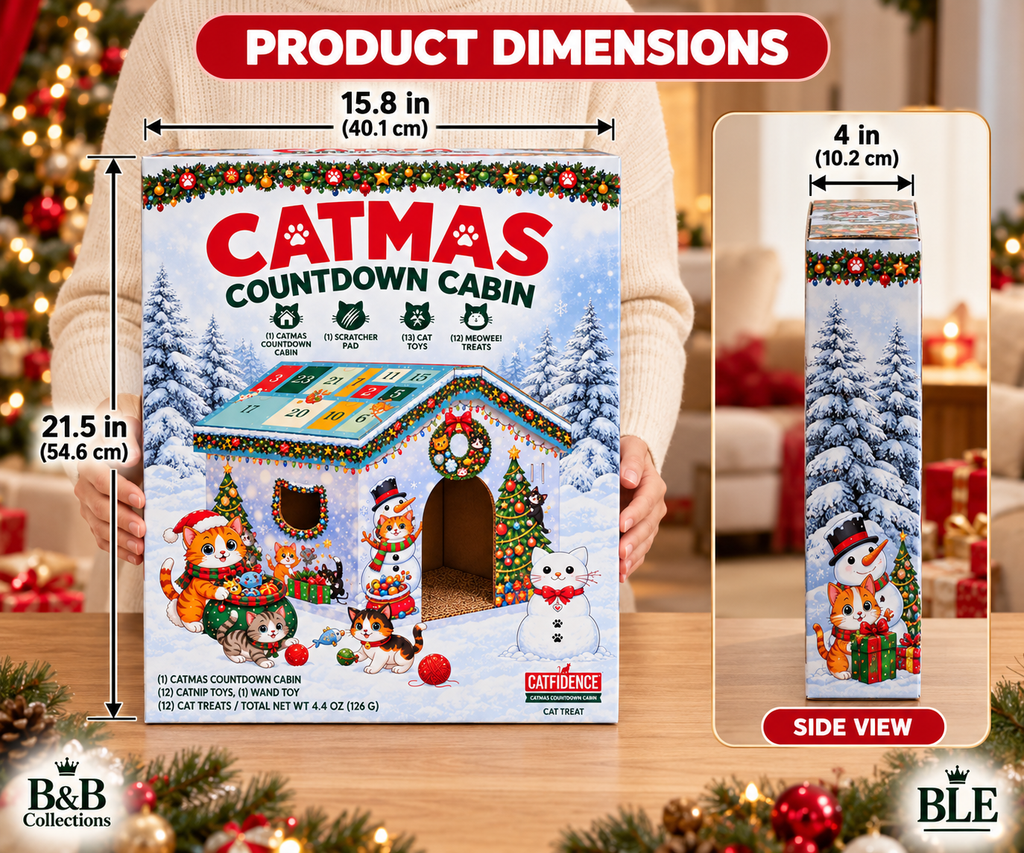 Catmas Countdown Cabin 25-Day Cat Advent Calendar, Christmas Cat House with 13 Toys, 12 Treats & Scratcher Pad, Holiday Countdown Gift for Cats
