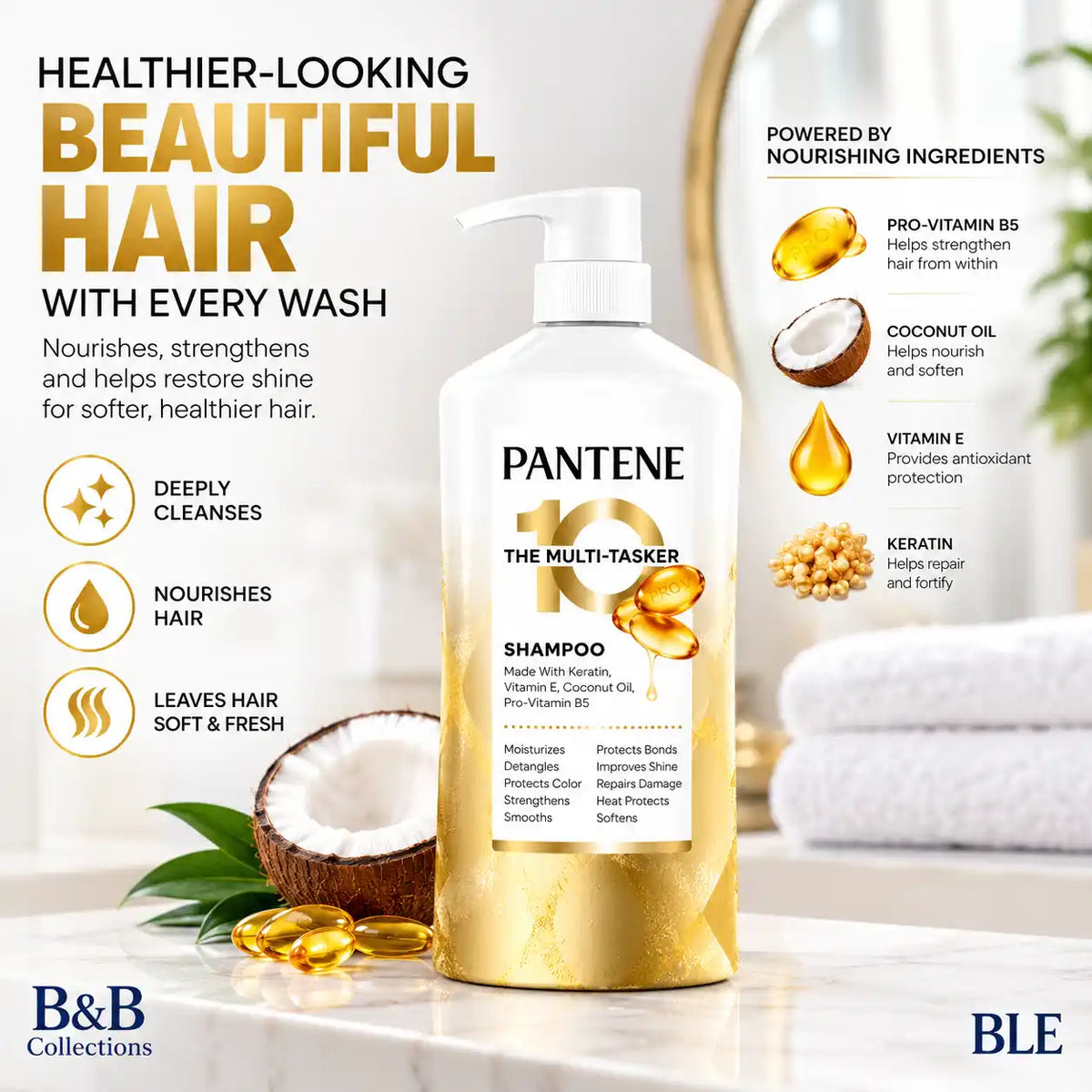 Pantene Pro-V The Multi-Tasker 10 Shampoo, 10-in-1 Hair Benefits, Keratin, Vitamin E, Coconut Oil & Pro-Vitamin B5, Moisturizing & Strengthening Hair Care, Pump Bottle