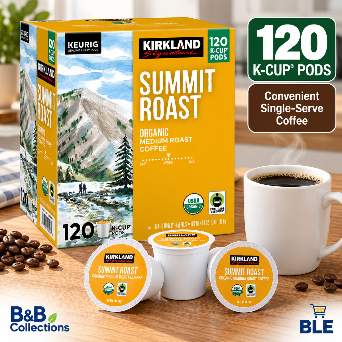 Kirkland Signature Summit Roast Organic Medium Roast Coffee, Keurig K-Cup Pods, USDA Organic, Fair Trade Certified, 120 Count
