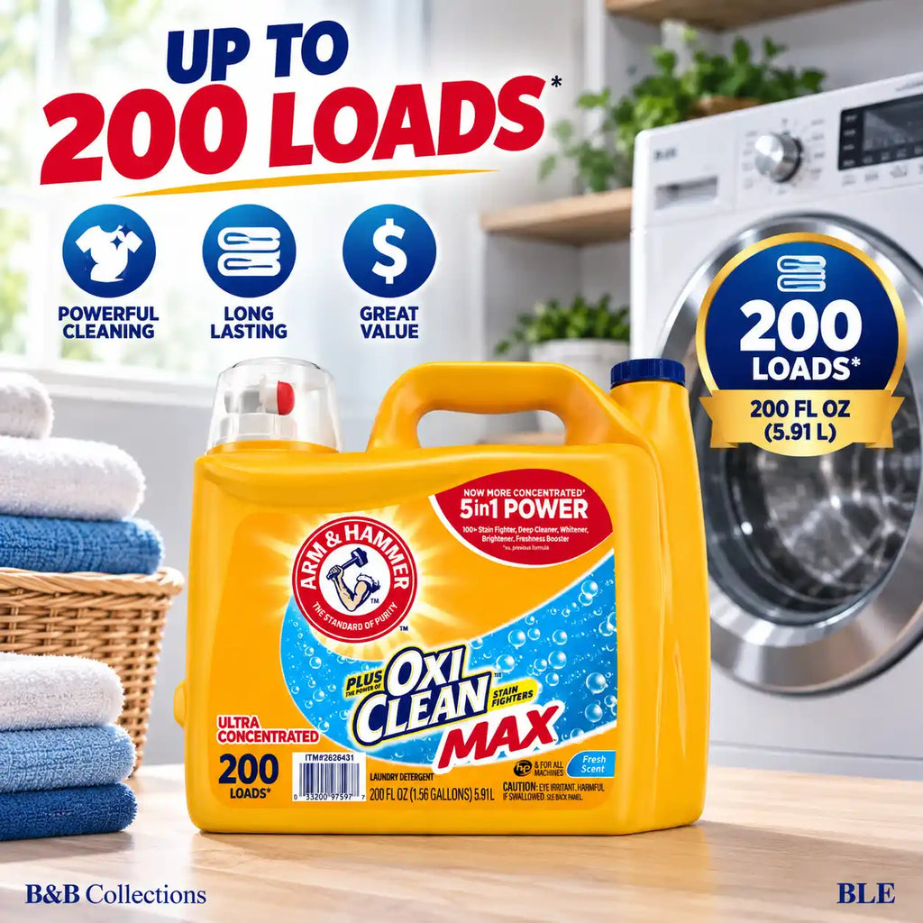 ARM & HAMMER Plus OxiClean MaAX Liquid Laundry Detergent, Fresh Scent, Ultra Concentrated 5-in-1 Power, 200 Loads, 200 fl oz