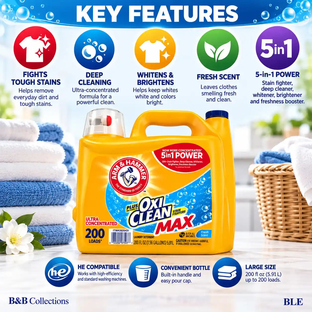 ARM & HAMMER Plus OxiClean MaAX Liquid Laundry Detergent, Fresh Scent, Ultra Concentrated 5-in-1 Power, 200 Loads, 200 fl oz