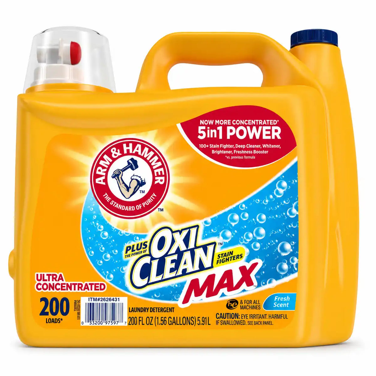 ARM & HAMMER Plus OxiClean MaAX Liquid Laundry Detergent, Fresh Scent, Ultra Concentrated 5-in-1 Power, 200 Loads, 200 fl oz