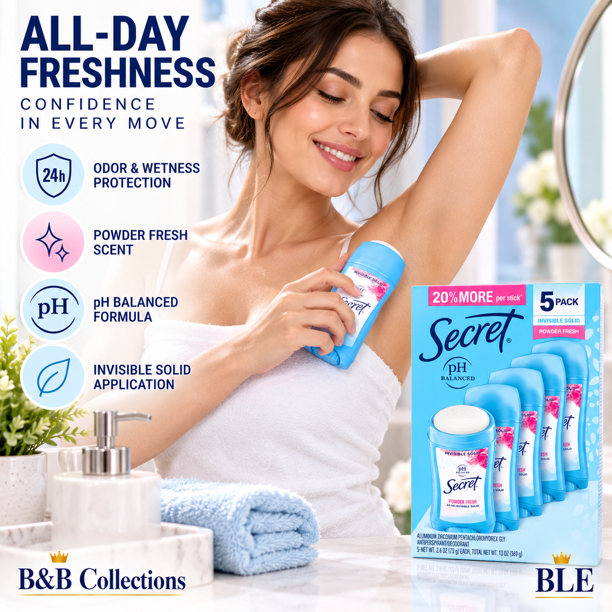 Secret Invisible Solid Antiperspirant Deodorant, Powder Fresh, pH Balanced, 5-Pack, 2.6 oz Each