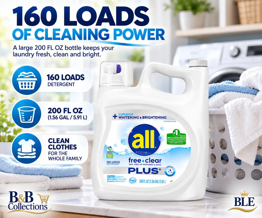 all Free Clear Plus+ Liquid Laundry Detergent, Unscented, 100% Free of Perfumes & Dyes, Superior Whitening & Brightening, Sensitive Skin, 160 Loads, 200 fl oz