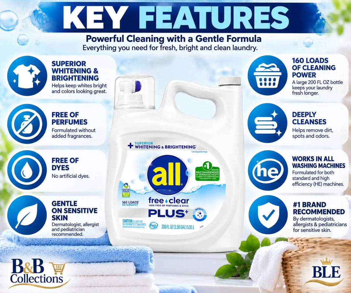 all Free Clear Plus+ Liquid Laundry Detergent, Unscented, 100% Free of Perfumes & Dyes, Superior Whitening & Brightening, Sensitive Skin, 160 Loads, 200 fl oz