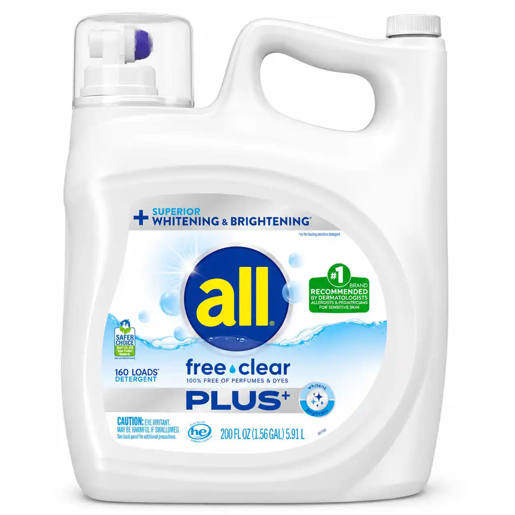 all Free Clear Plus+ Liquid Laundry Detergent, Unscented, 100% Free of Perfumes & Dyes, Superior Whitening & Brightening, Sensitive Skin, 160 Loads, 200 fl oz
