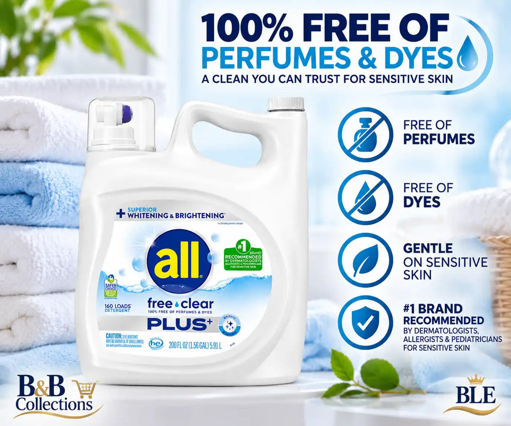 all Free Clear Plus+ Liquid Laundry Detergent, Unscented, 100% Free of Perfumes & Dyes, Superior Whitening & Brightening, Sensitive Skin, 160 Loads, 200 fl oz