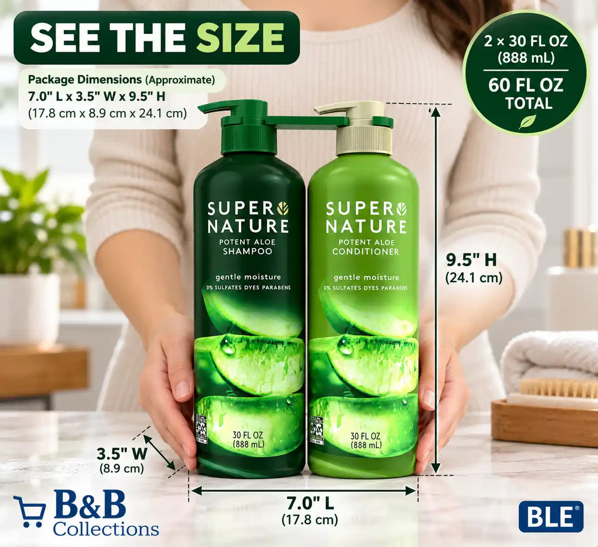 Super Nature Potent Aloe Shampoo & Conditioner Set, Gentle Moisture Hair Care, Sulfate-Free, Dye-Free & Paraben-Free, 30 fl oz Each, 2-Pack (60 fl oz Total)