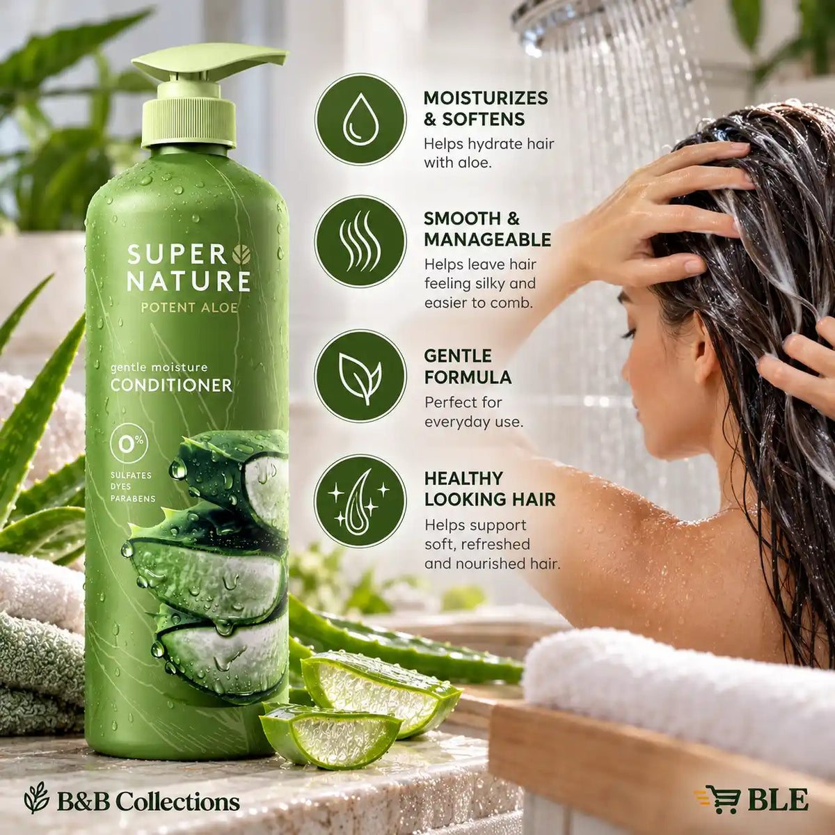Super Nature Potent Aloe Gentle Moisture Conditioner, Sulfate-Free, Dye-Free & Paraben-Free, Aloe Vera Hair Care