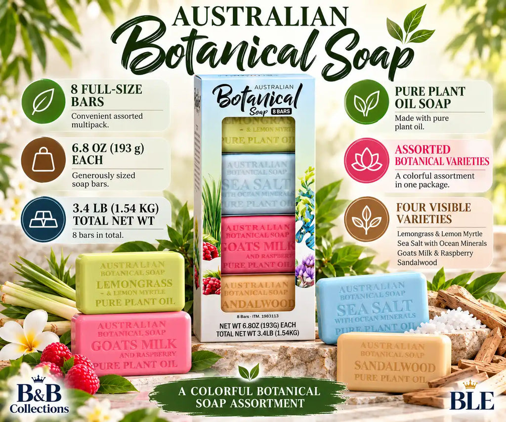 Australian Botanical Soap Assorted Pure Plant Oil Bar Soap, 8 Bars, 6.8 oz Each, 3.4 lb Total