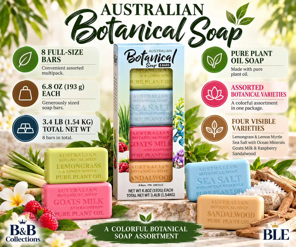 Australian Botanical Soap Assorted Pure Plant Oil Bar Soap, 8 Bars, 6.8 oz Each, 3.4 lb Total