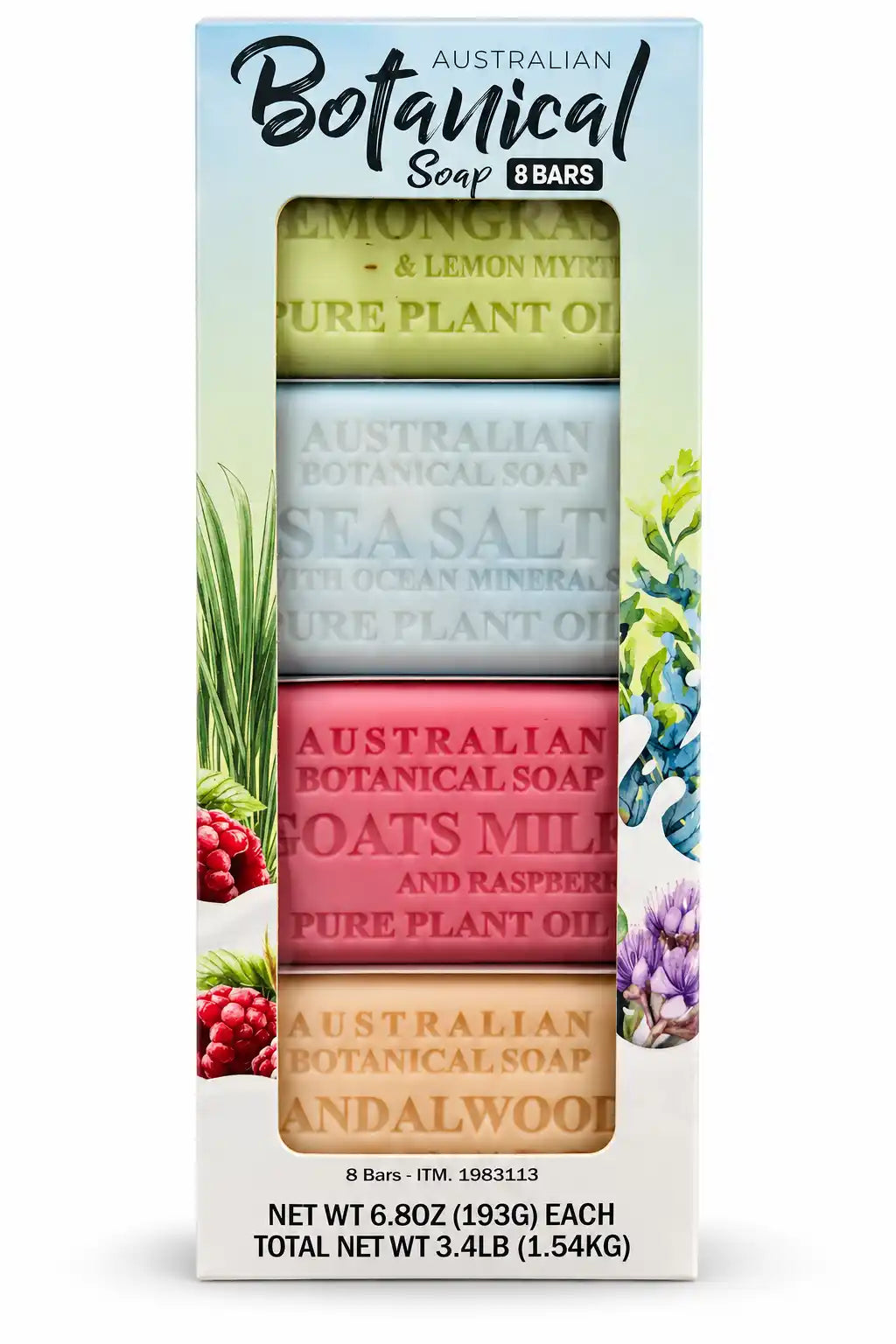 Australian Botanical Soap Assorted Pure Plant Oil Bar Soap, 8 Bars, 6.8 oz Each, 3.4 lb Total