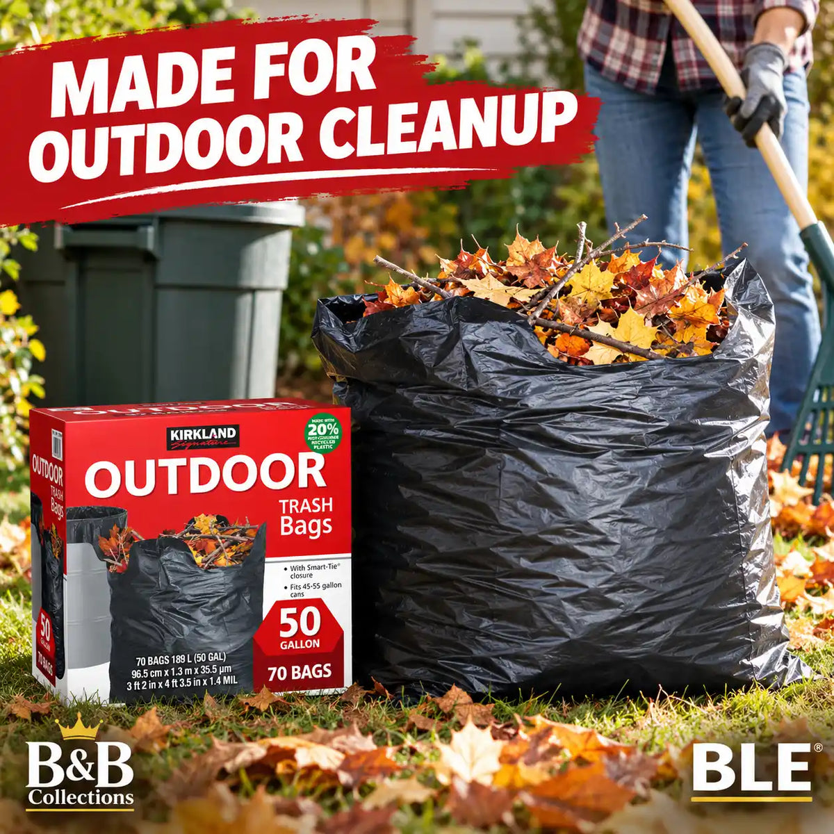 Kirkland Signature Outdoor Trash Bags, 50 Gallon, 70 Count, Heavy Duty Black Yard Waste Bags with Smart-Tie Closure, Fits 45–55 Gallon Cans