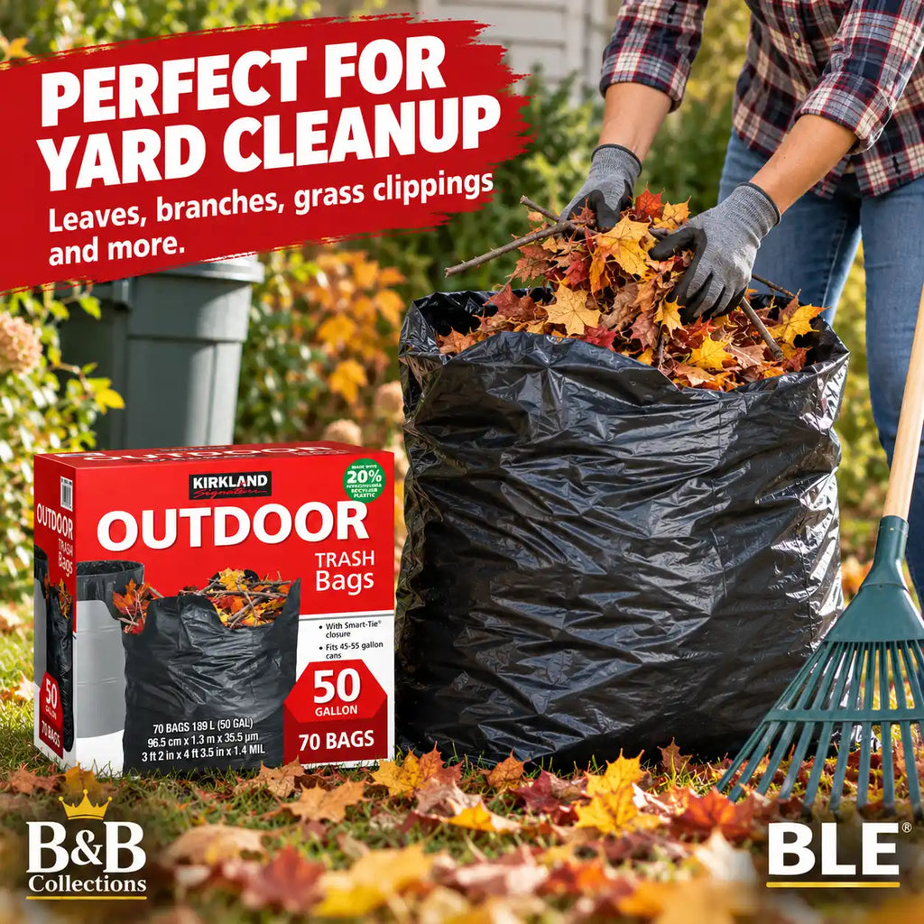 Kirkland Signature Outdoor Trash Bags, 50 Gallon, 70 Count, Heavy Duty Black Yard Waste Bags with Smart-Tie Closure, Fits 45–55 Gallon Cans
