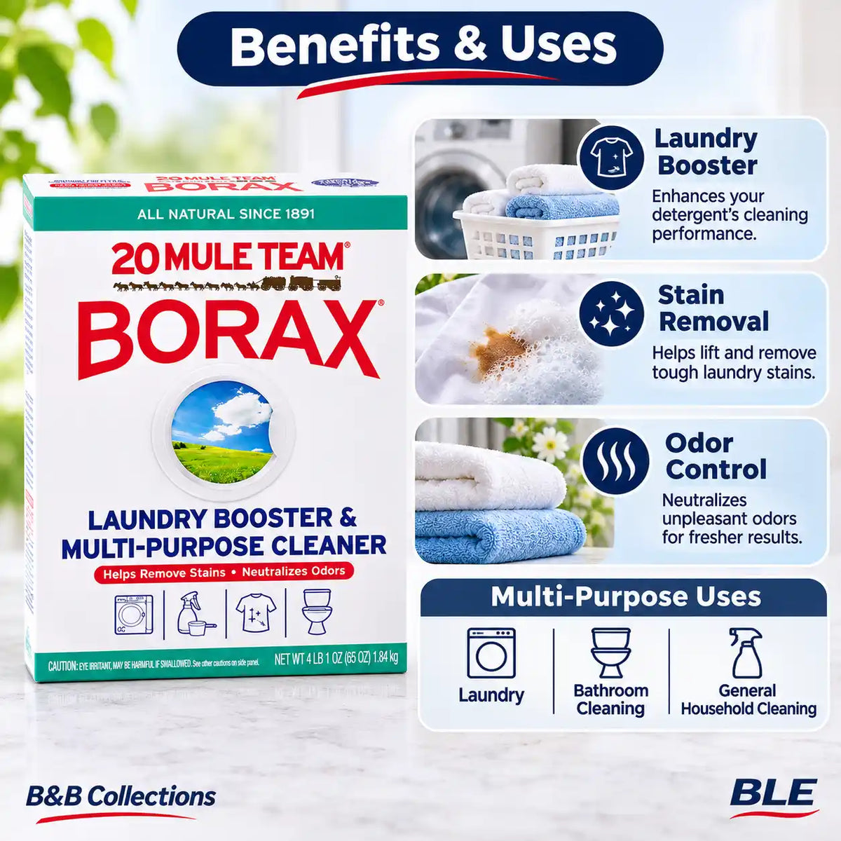 20 Mule Team Borax Laundry Booster & Multi-Purpose Cleaner, 65 oz (4 lb 1 oz), Natural Mineral Powder, Stain & Odor Remover