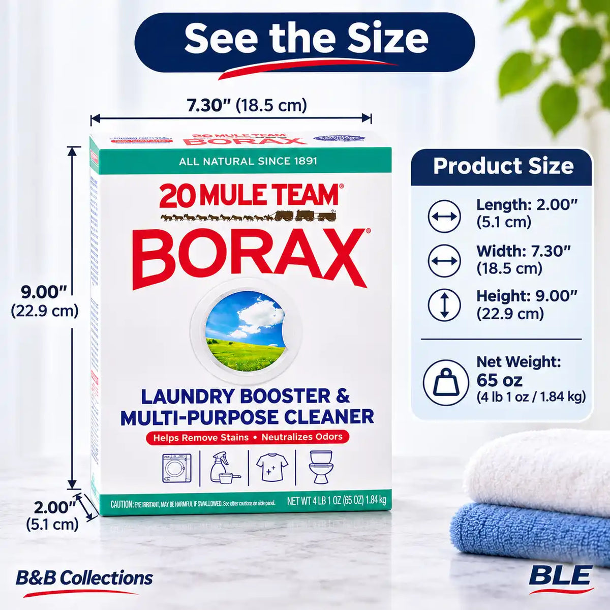 20 Mule Team Borax Laundry Booster & Multi-Purpose Cleaner, 65 oz (4 lb 1 oz), Natural Mineral Powder, Stain & Odor Remover