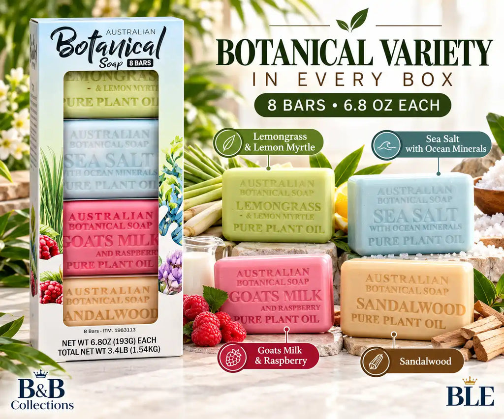 Australian Botanical Soap Assorted Pure Plant Oil Bar Soap, 8 Bars, 6.8 oz Each, 3.4 lb Total