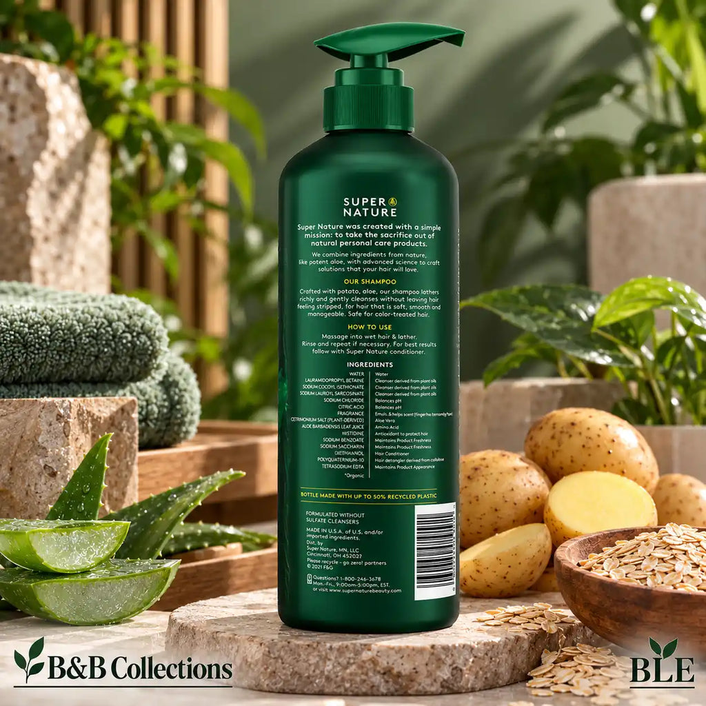 Super Nature Gentle Shampoo with Potato, Aloe & Oat, Sulfate-Free Hair Cleanser, Green Pump Bottle