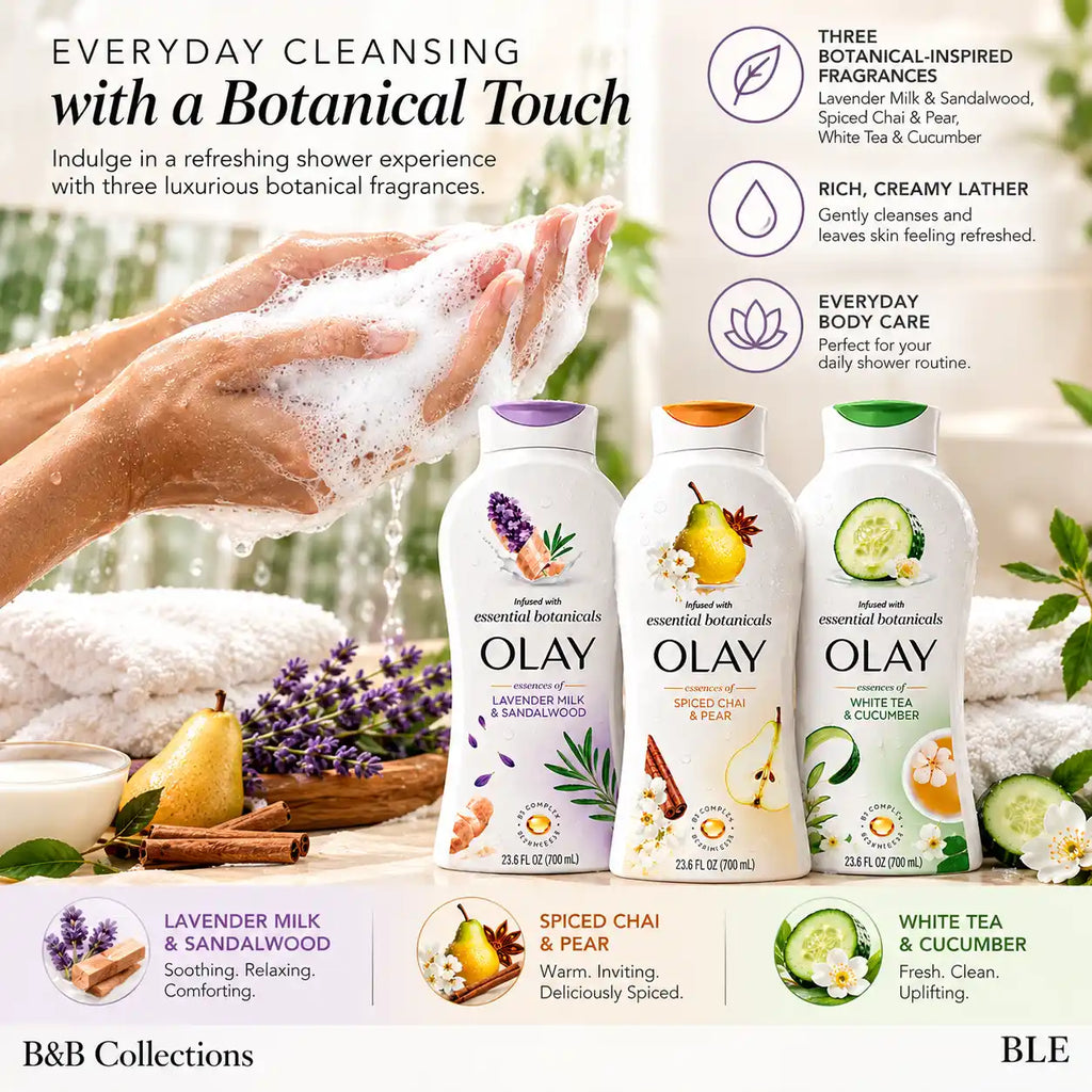 Olay Essential Botanicals Body Wash Variety Pack, 3 × 23.6 fl oz, Lavender Milk & Sandalwood, Spiced Chai & Pear, White Tea & Cucumber, 70.8 fl oz Total