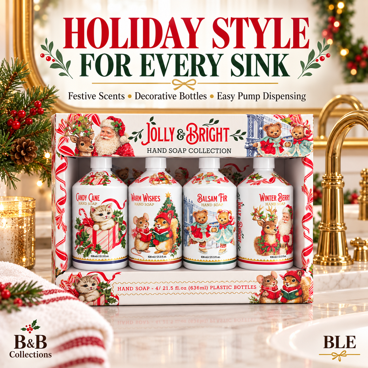Jolly & Bright Holiday Hand Soap Collection, 4 Festive Scents, 21.5 fl oz Each, 4 Count, 86 fl oz Total