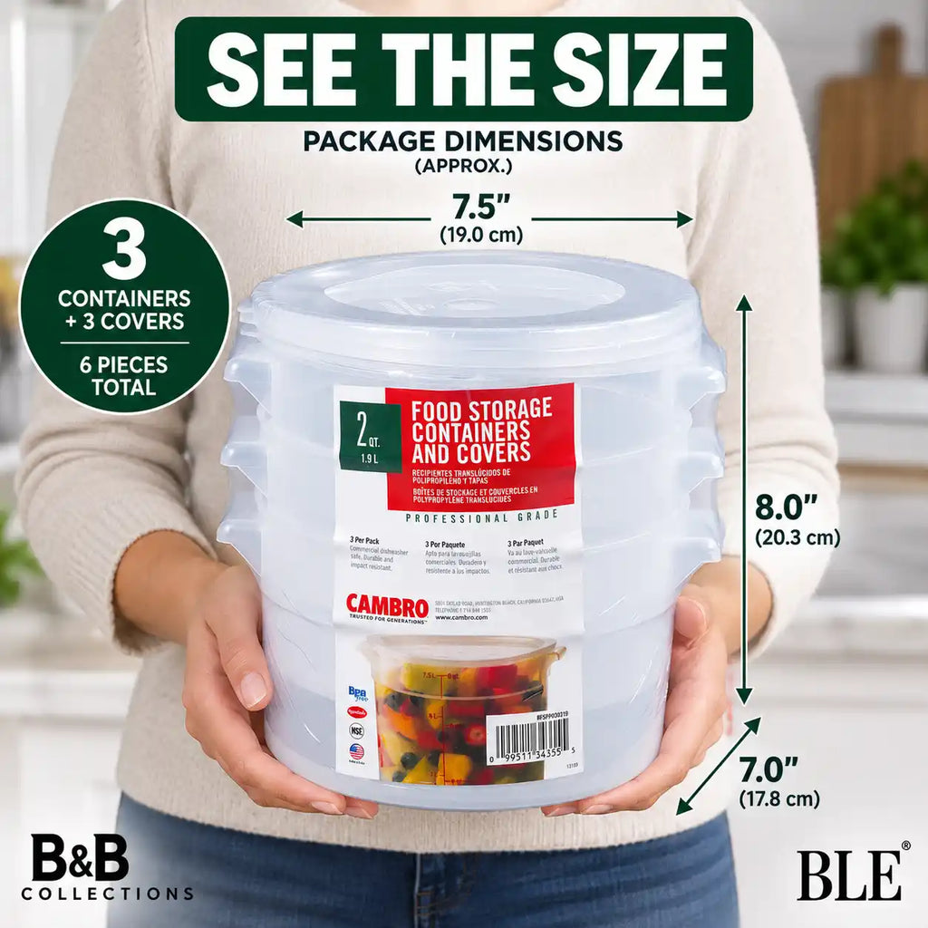 Cambro Professional Grade Food Storage Containers with Lids, 2 Quart (1.9 L), BPA-Free, Clear Round Reusable Food Containers, 3-Pack (6 Pieces Total)