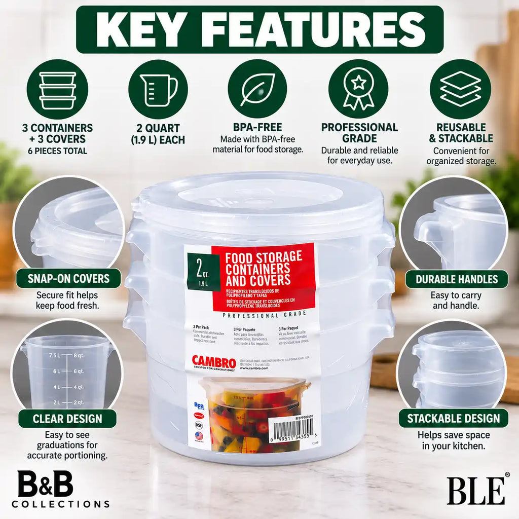 Cambro Professional Grade Food Storage Containers with Lids, 2 Quart (1.9 L), BPA-Free, Clear Round Reusable Food Containers, 3-Pack (6 Pieces Total)
