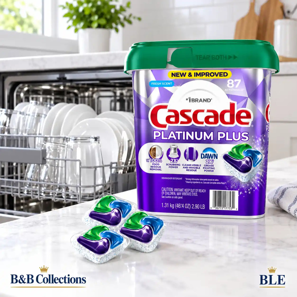 Cascade Platinum Plus Dishwasher Detergent ActionPacs, Fresh Scent, 87 Count, 2X Scrubbing Power, Grease Fighting & Food Residue Removal