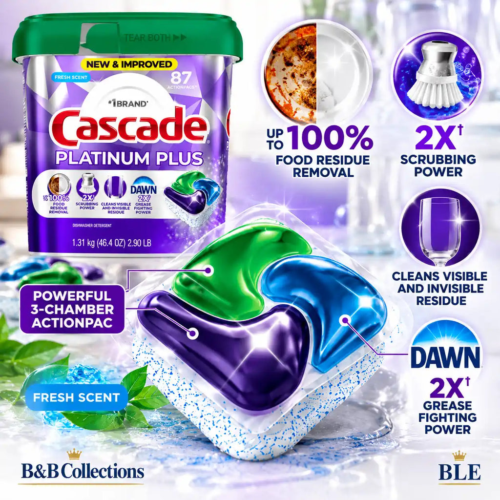 Cascade Platinum Plus Dishwasher Detergent ActionPacs, Fresh Scent, 87 Count, 2X Scrubbing Power, Grease Fighting & Food Residue Removal
