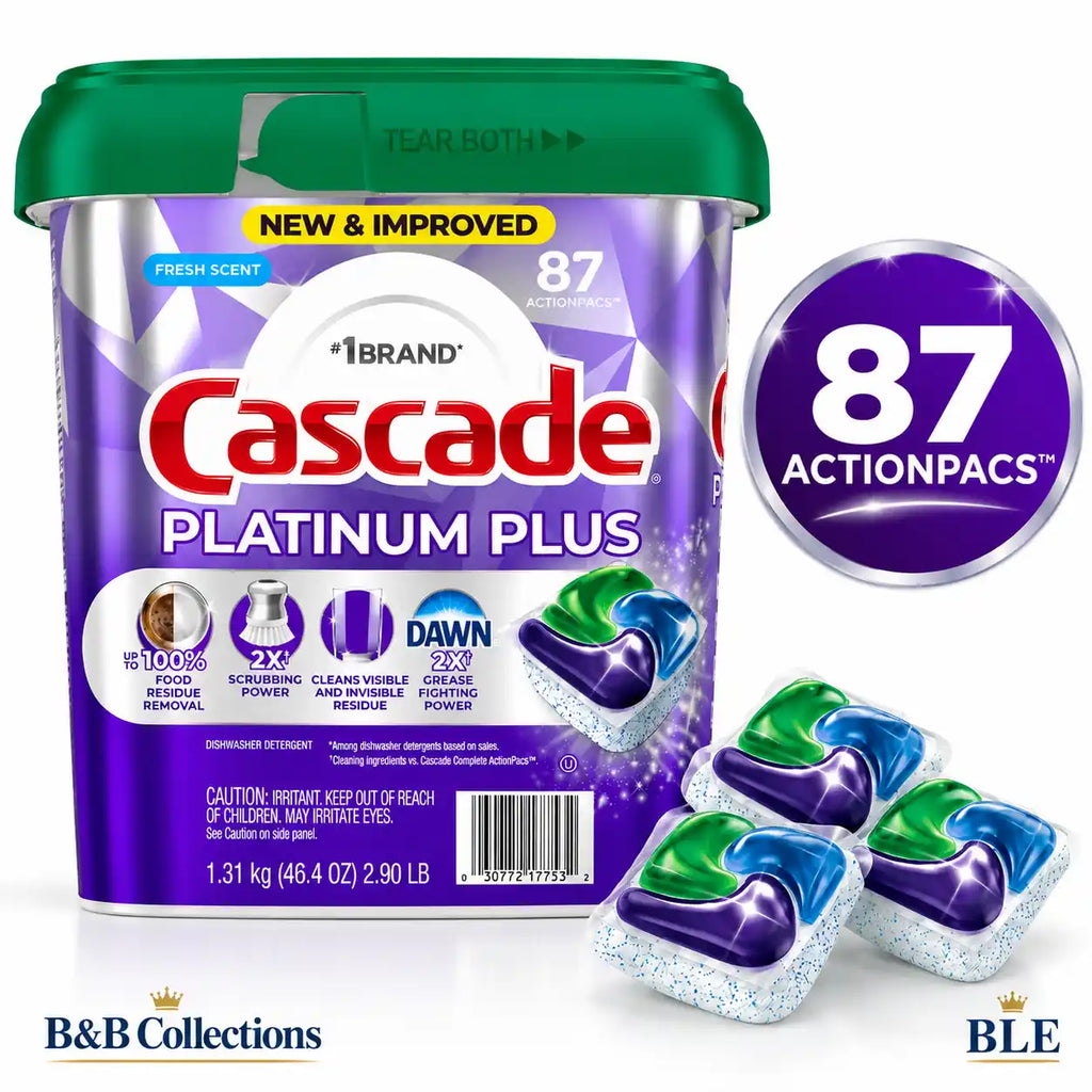 Cascade Platinum Plus Dishwasher Detergent ActionPacs, Fresh Scent, 87 Count, 2X Scrubbing Power, Grease Fighting & Food Residue Removal