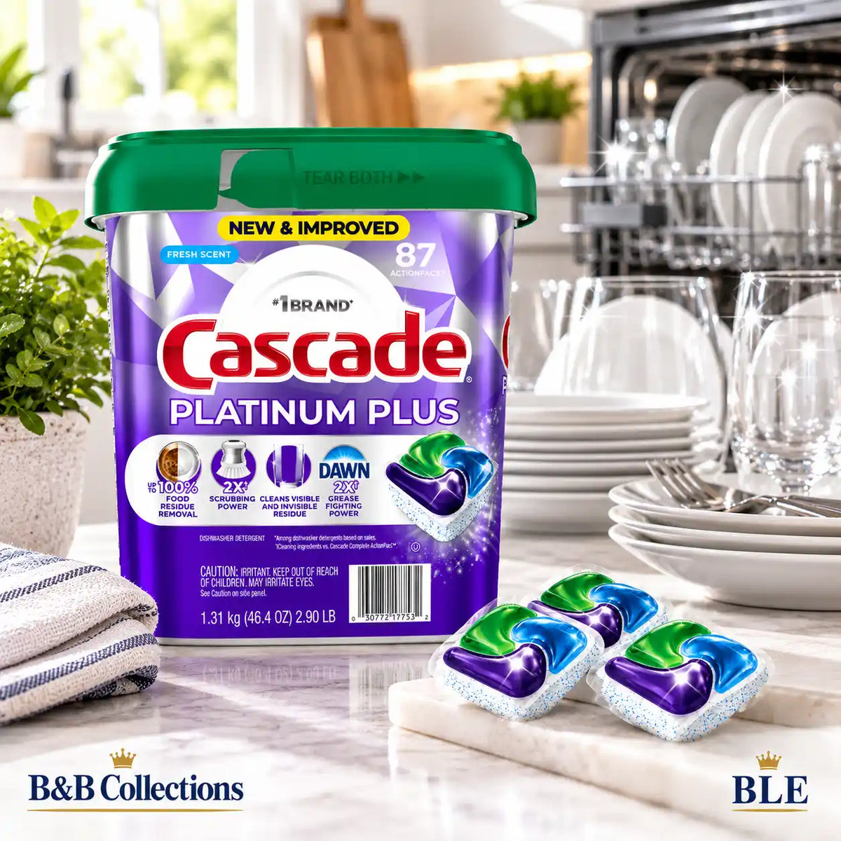 Cascade Platinum Plus Dishwasher Detergent ActionPacs, Fresh Scent, 87 Count, 2X Scrubbing Power, Grease Fighting & Food Residue Removal