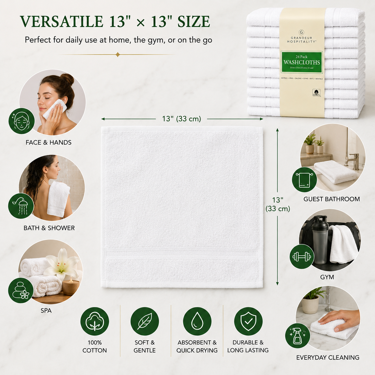 Grandeur Hospitality White Cotton Towels, Bath Towels, Hand Towels & Washcloths, Commercial Hospitality Collection