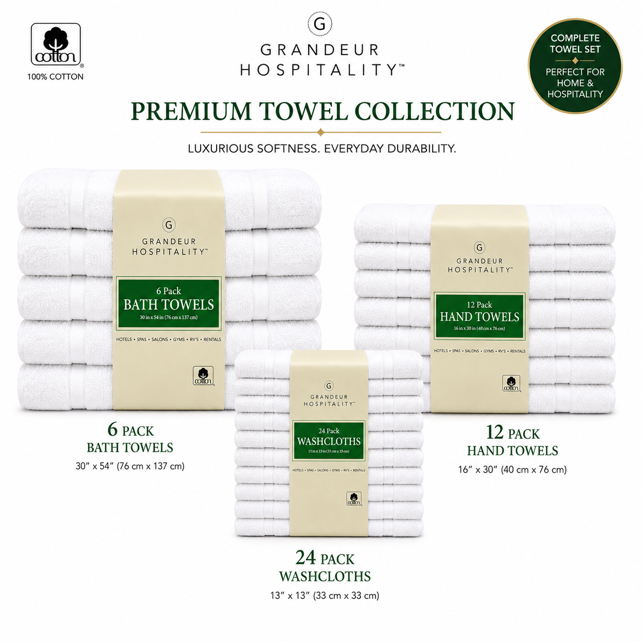 Grandeur Hospitality White Cotton Towels, Bath Towels, Hand Towels & Washcloths, Commercial Hospitality Collection