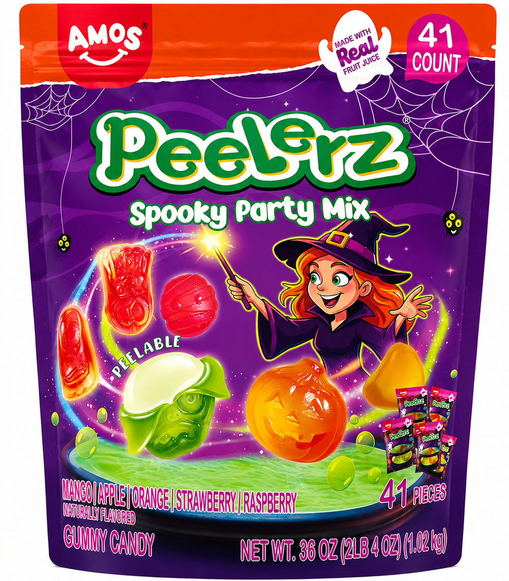 AMOS Peelerz Spooky Party Mix Peelable Gummy Candy, 41 Count, 36 oz – Mango, Raspberry, Apple, Orange & Strawberry, Halloween Party Candy Made with Real Fruit Juice