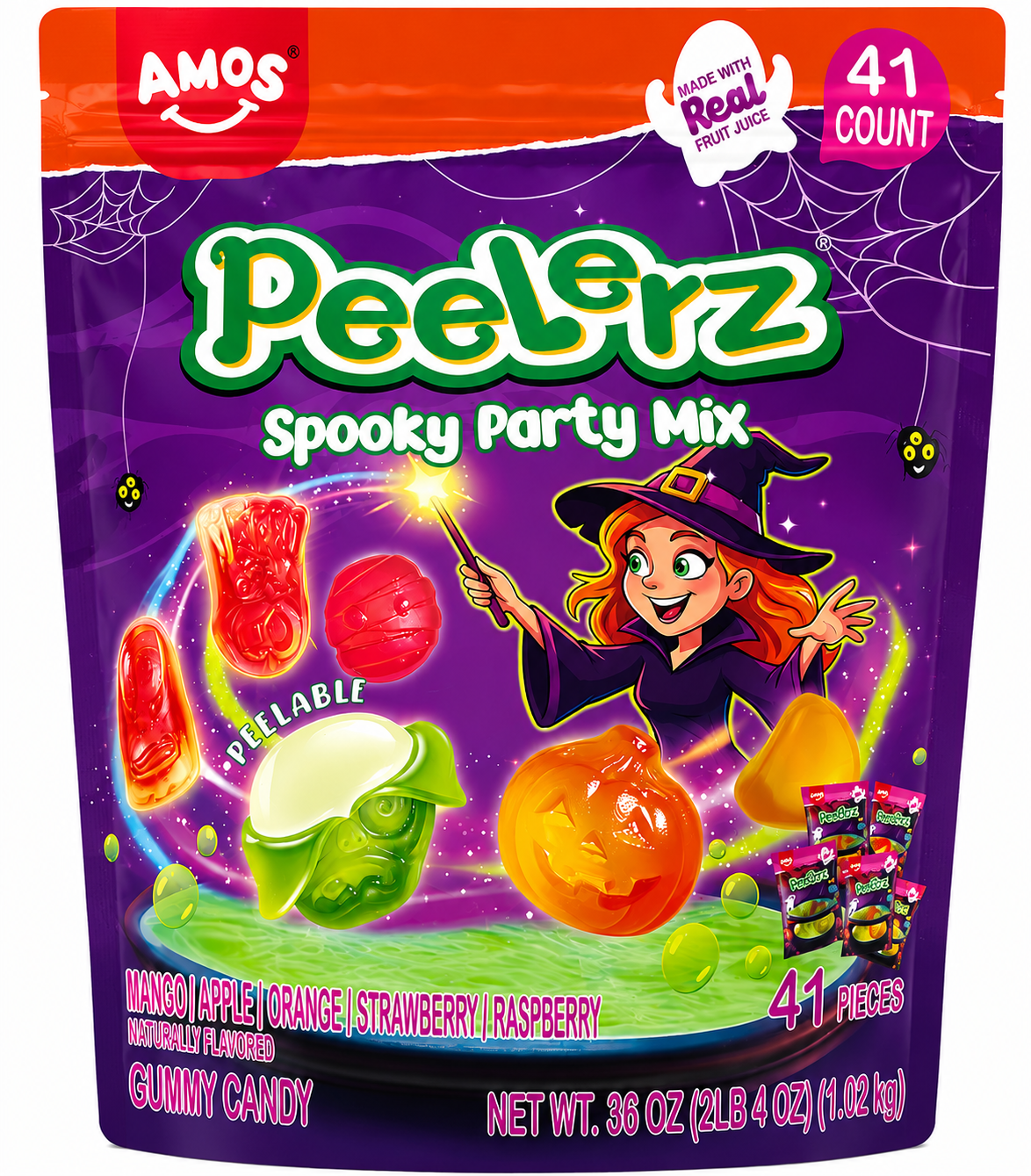AMOS Peelerz Spooky Party Mix Peelable Gummy Candy, 41 Count, 36 oz – Mango, Raspberry, Apple, Orange & Strawberry, Halloween Party Candy Made with Real Fruit Juice
