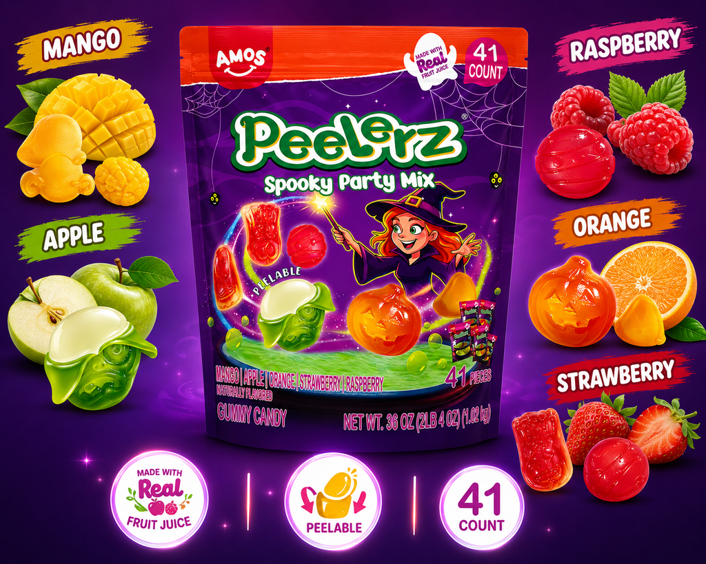 AMOS Peelerz Spooky Party Mix Peelable Gummy Candy, 41 Count, 36 oz – Mango, Raspberry, Apple, Orange & Strawberry, Halloween Party Candy Made with Real Fruit Juice