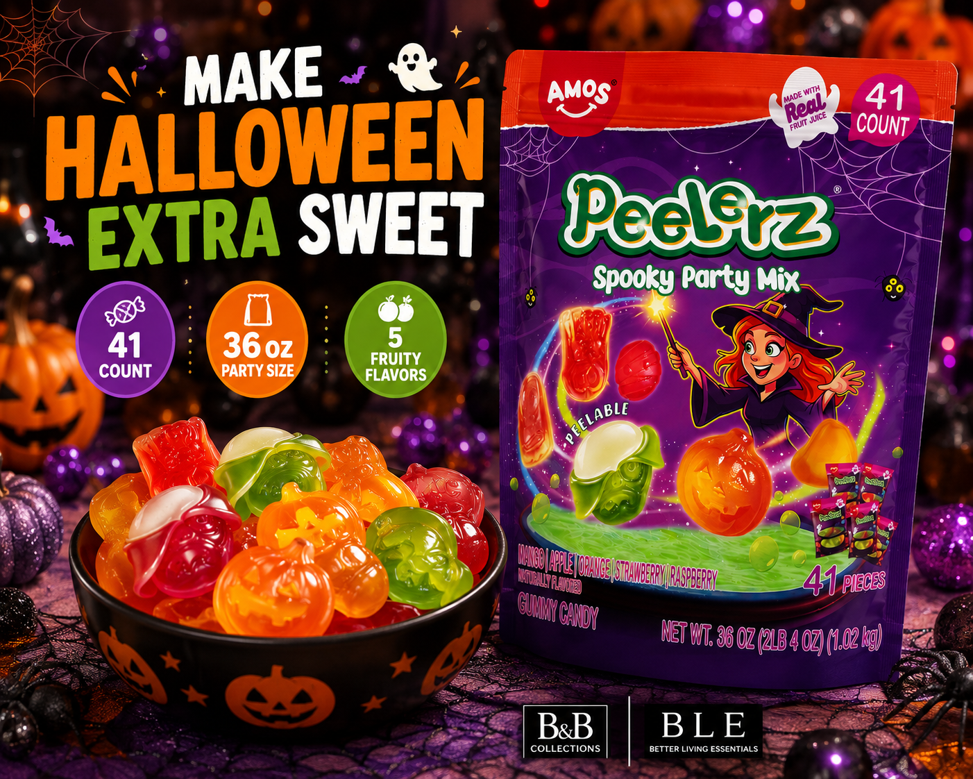 AMOS Peelerz Spooky Party Mix Peelable Gummy Candy, 41 Count, 36 oz – Mango, Raspberry, Apple, Orange & Strawberry, Halloween Party Candy Made with Real Fruit Juice