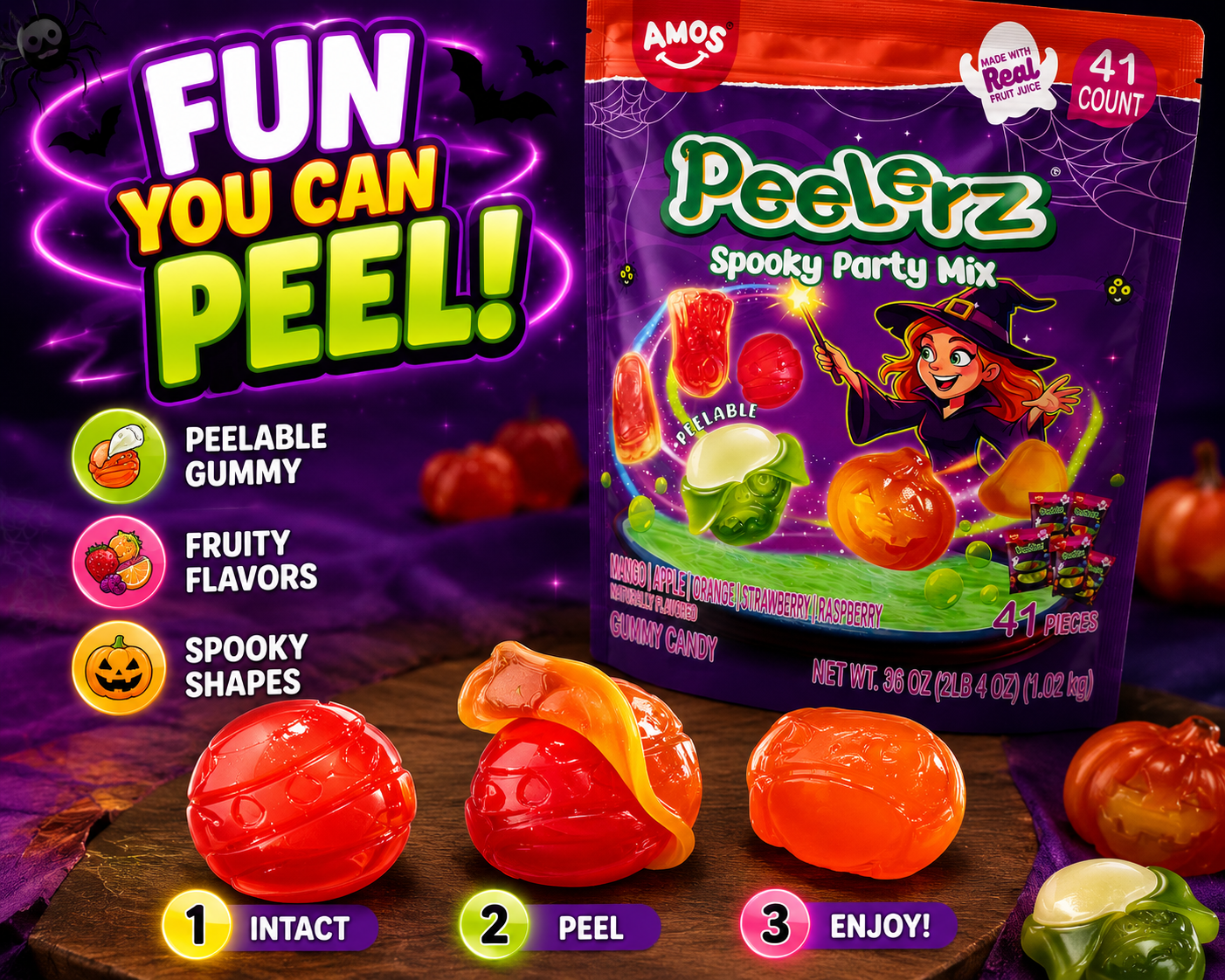 AMOS Peelerz Spooky Party Mix Peelable Gummy Candy, 41 Count, 36 oz – Mango, Raspberry, Apple, Orange & Strawberry, Halloween Party Candy Made with Real Fruit Juice