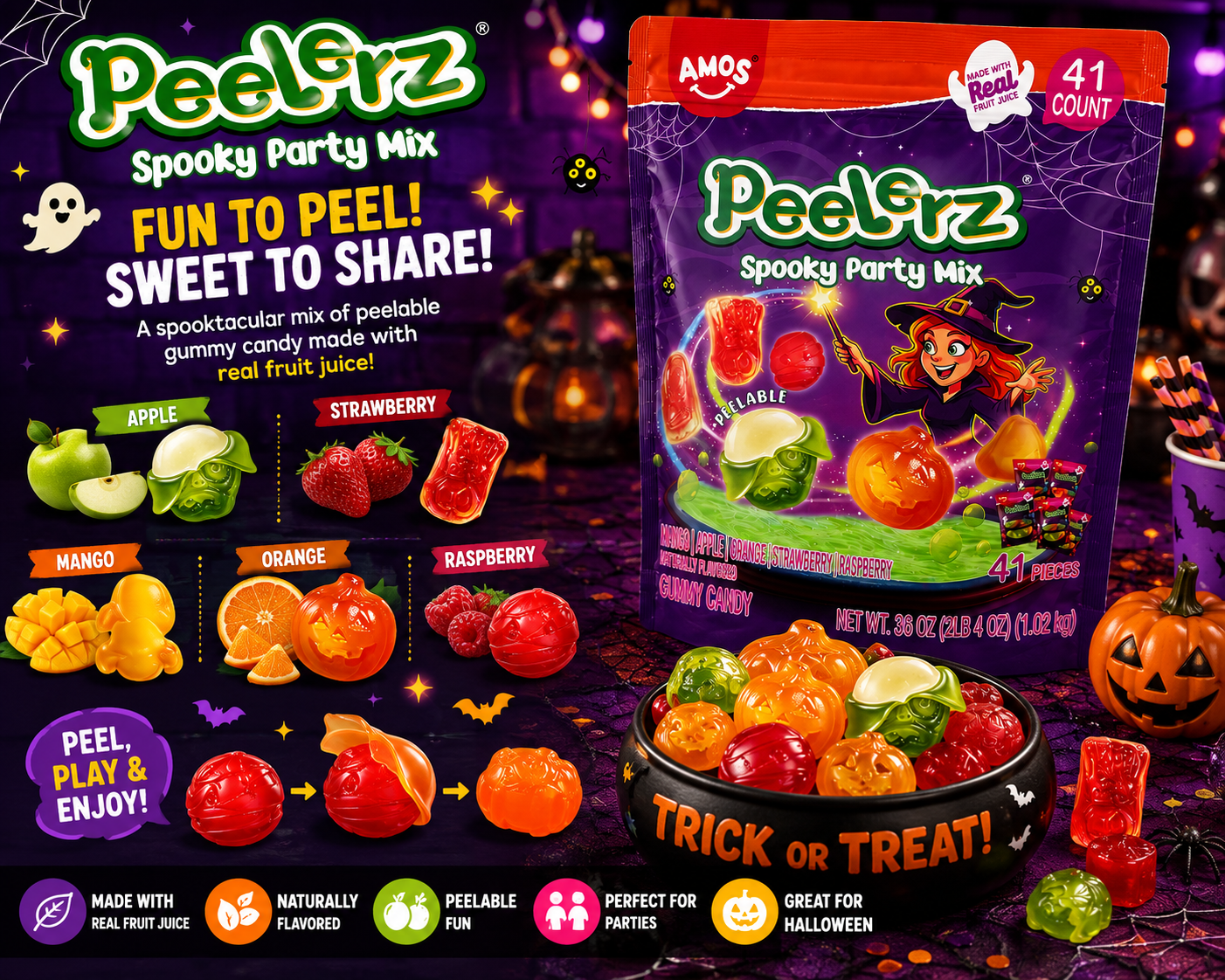 AMOS Peelerz Spooky Party Mix Peelable Gummy Candy, 41 Count, 36 oz – Mango, Raspberry, Apple, Orange & Strawberry, Halloween Party Candy Made with Real Fruit Juice