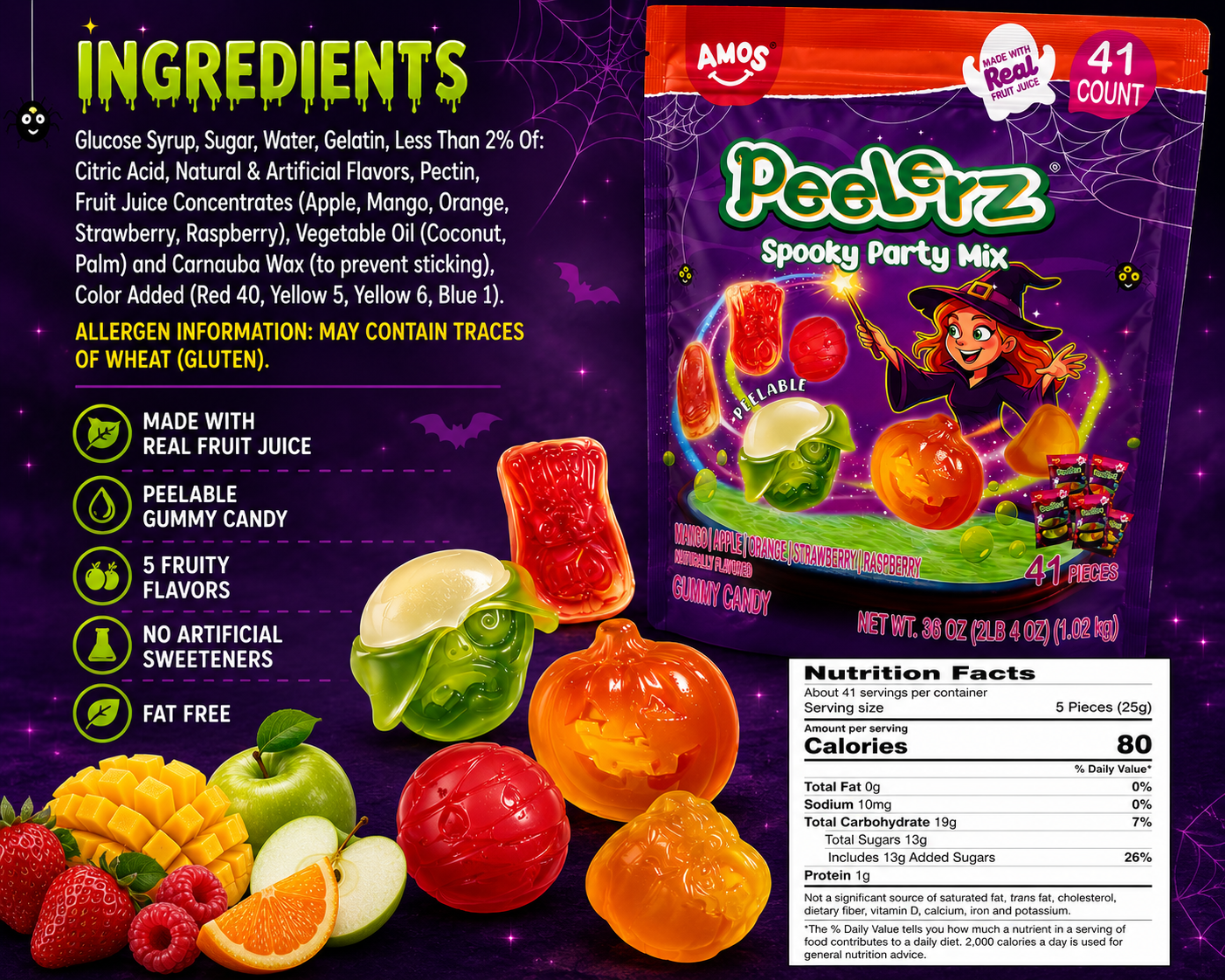 AMOS Peelerz Spooky Party Mix Peelable Gummy Candy, 41 Count, 36 oz – Mango, Raspberry, Apple, Orange & Strawberry, Halloween Party Candy Made with Real Fruit Juice