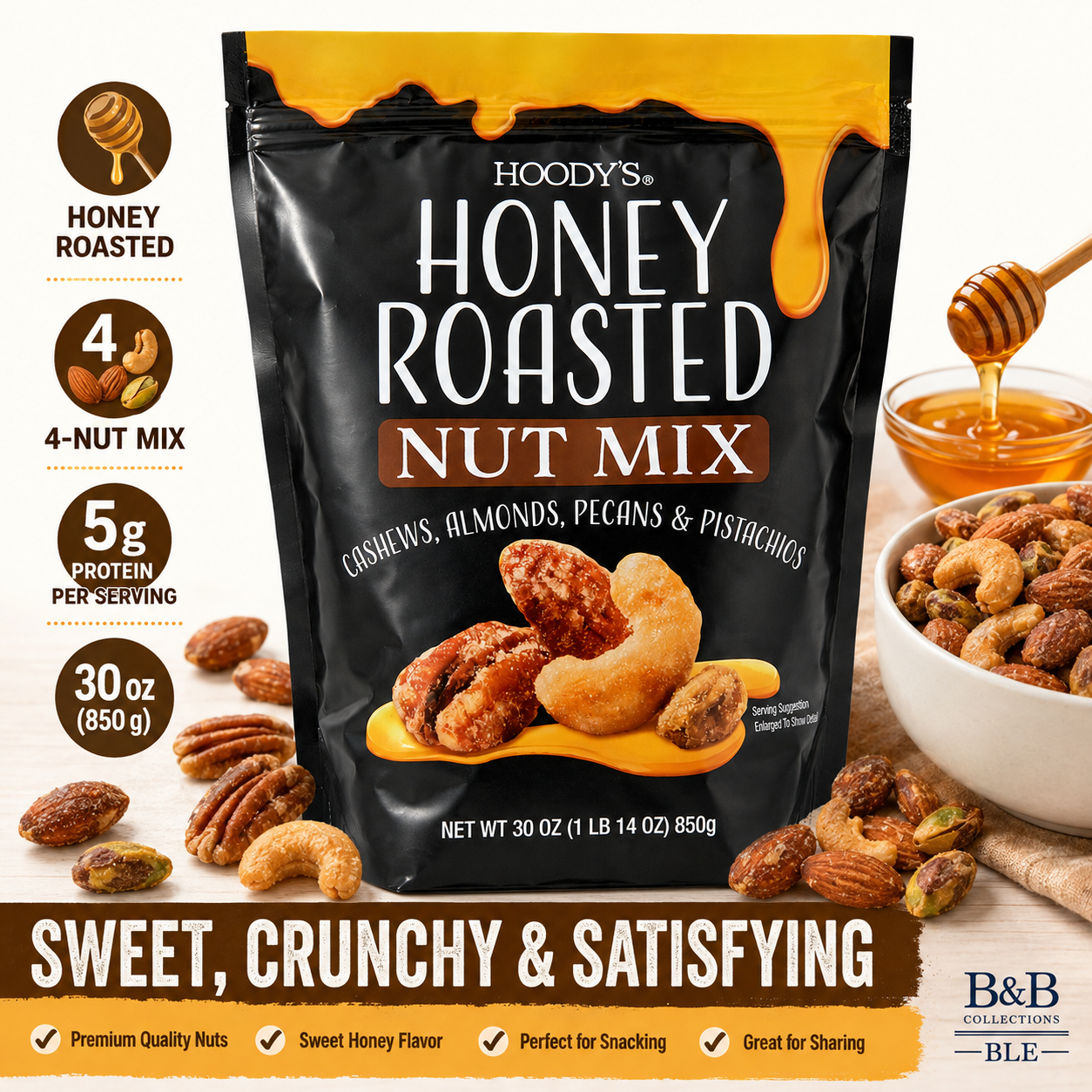 Hoody’s Honey Roasted Nut Mix, Cashews, Almonds, Pecans & Pistachios, Sweet & Crunchy Snack, 30 oz (850 g)
