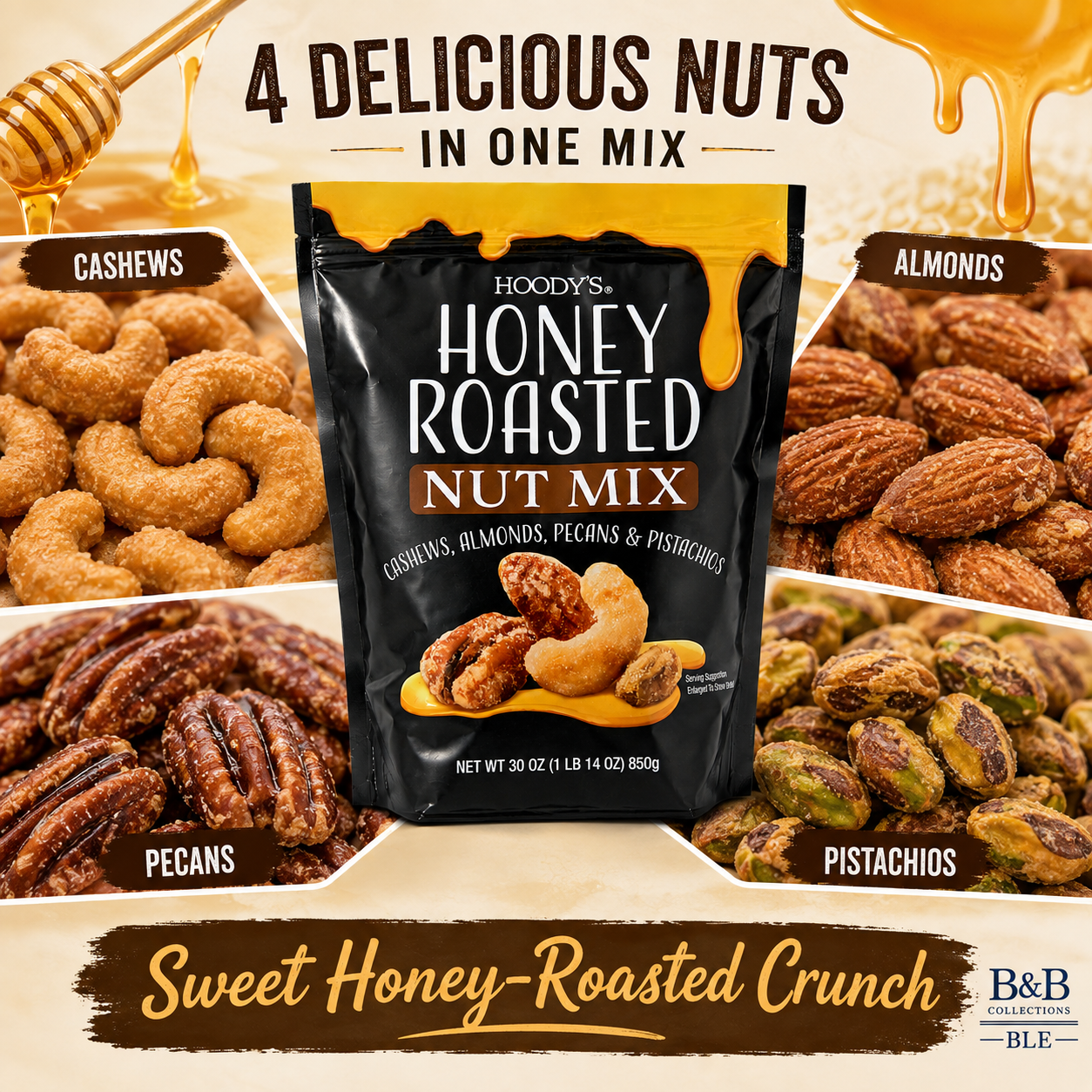 Hoody’s Honey Roasted Nut Mix, Cashews, Almonds, Pecans & Pistachios, Sweet & Crunchy Snack, 30 oz (850 g)