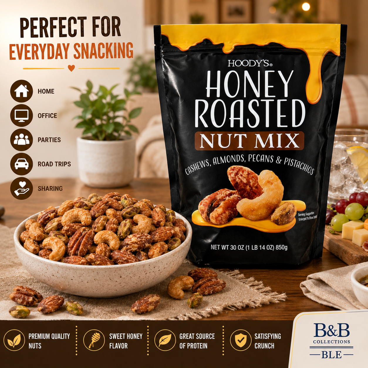 Hoody’s Honey Roasted Nut Mix, Cashews, Almonds, Pecans & Pistachios, Sweet & Crunchy Snack, 30 oz (850 g)