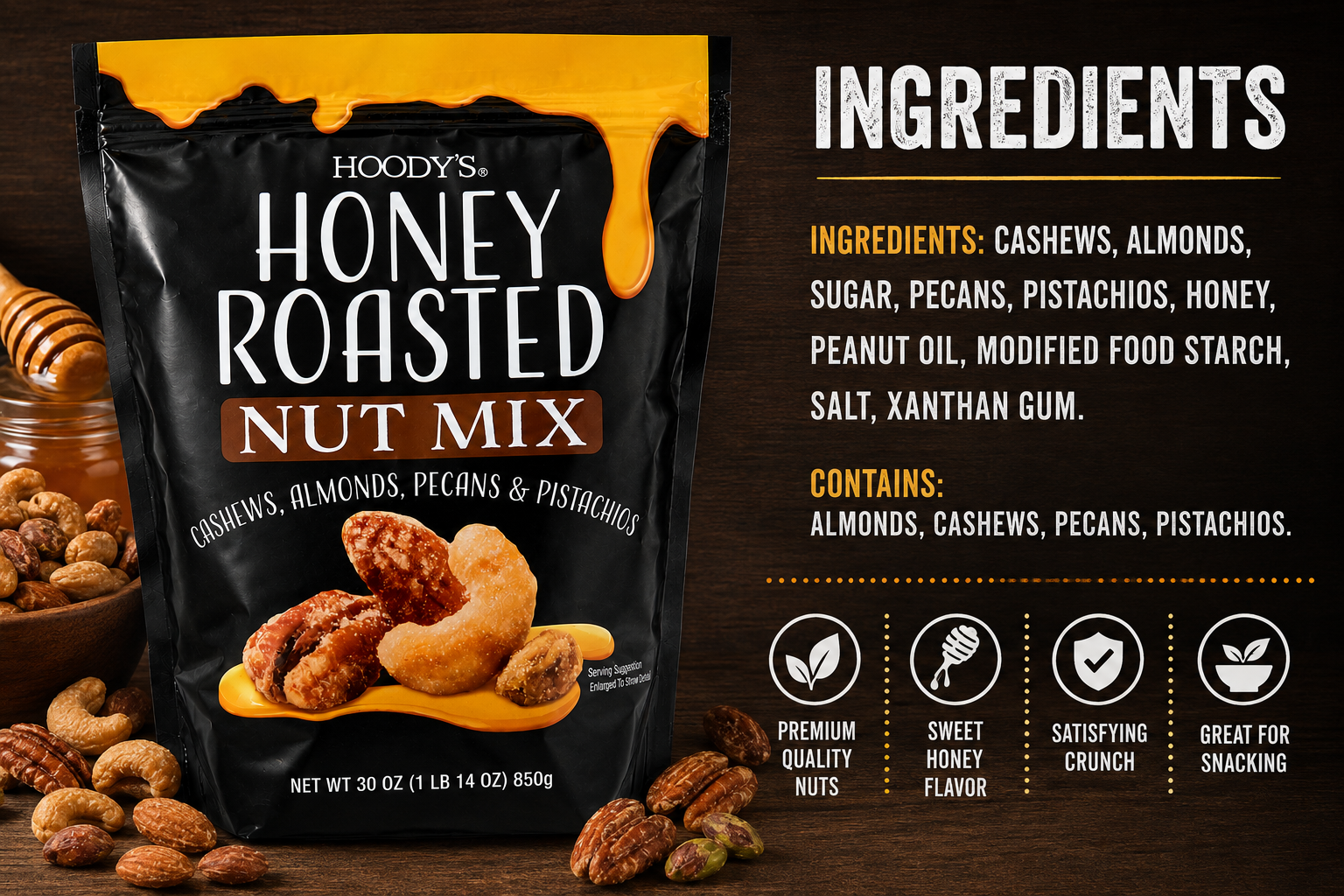 Hoody’s Honey Roasted Nut Mix, Cashews, Almonds, Pecans & Pistachios, Sweet & Crunchy Snack, 30 oz (850 g)