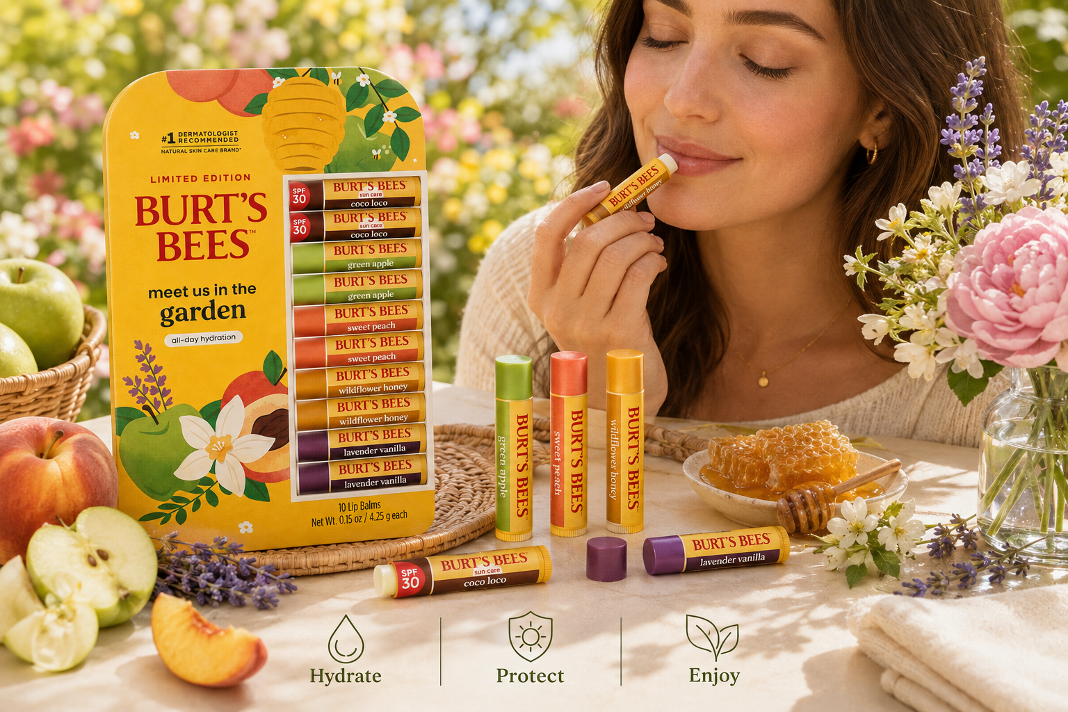Burt's Bees Meet Us in the Garden Lip Balm Variety Pack, 10 Count, Coco Loco SPF 30, Green Apple, Sweet Peach, Wildflower Honey & Lavender Vanilla