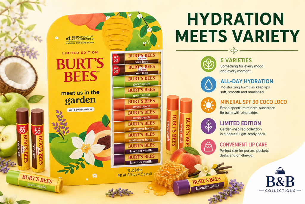 Burt's Bees Meet Us in the Garden Lip Balm Variety Pack, 10 Count, Coco Loco SPF 30, Green Apple, Sweet Peach, Wildflower Honey & Lavender Vanilla