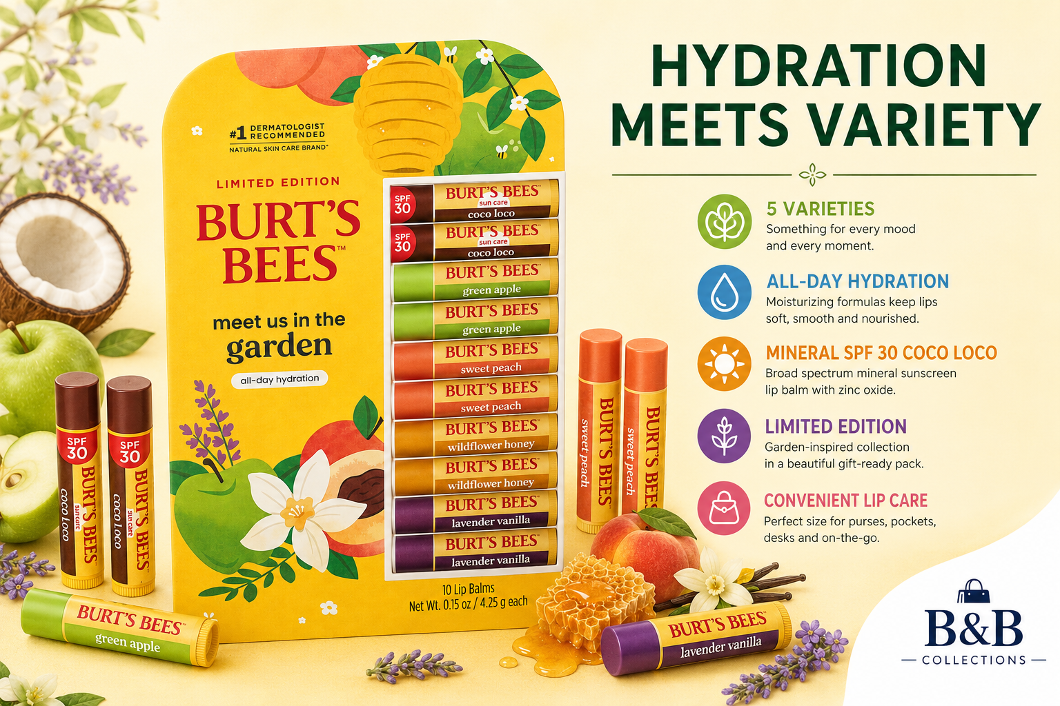 Burt's Bees Meet Us in the Garden Lip Balm Variety Pack, 10 Count, Coco Loco SPF 30, Green Apple, Sweet Peach, Wildflower Honey & Lavender Vanilla